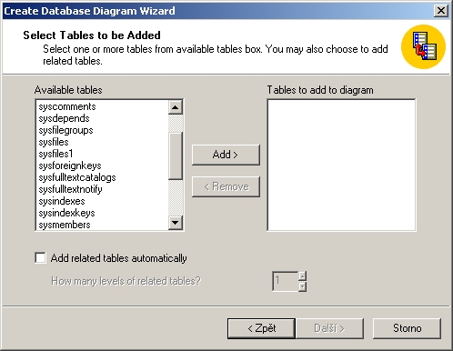 Prvodce Create Database Diagram Wizard